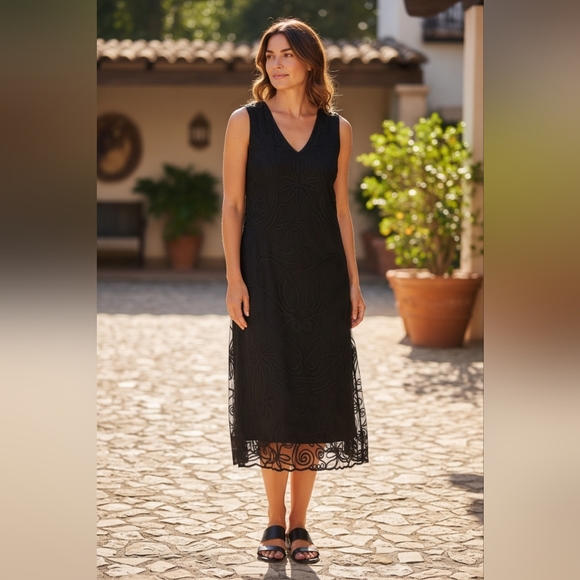 Vintage Dresses & Skirts - Linea Domani Black Mesh Embroidered Cocktail Y2K Gothic Glam Dress Size 8